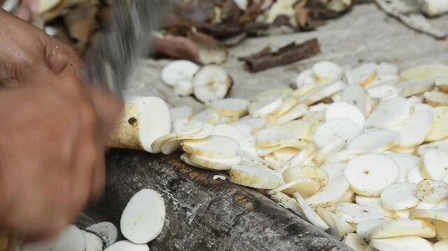 A young woman preparing cassava as the main ingredient for traditional food in a home kitchen.
