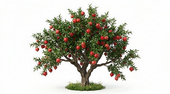 Pomegranate tree with ripening fruit and green foliage on white background