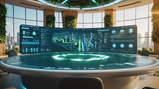 Futuristic holographic interface displaying smart city logistics, autonomous vehicle navigation, and energy infrastructure management, data visualization for urban planning