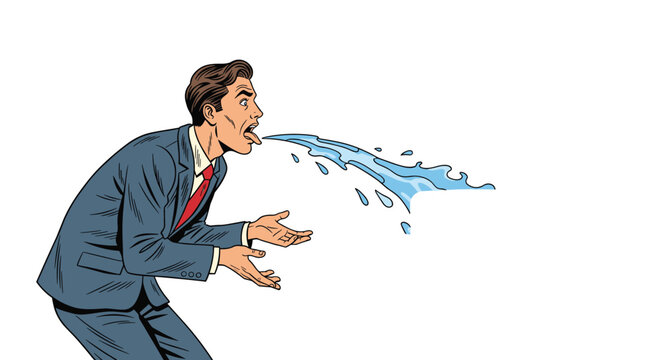 Surprised businessman in a professional suit spitting out a stream of water from his mouth in a comic pop art style.
