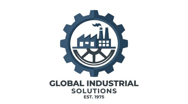 Industrial gear logo with factory silhouette, Global Industrial Solutions emblem, navy blue mechanical cog icon for engineering and manufacturing