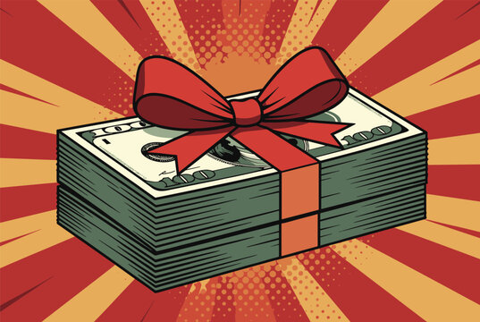 Large stack of hundred dollar bills tied with a festive red ribbon and bow presented against a dynamic sunburst background.