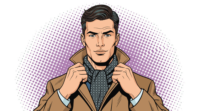 Handsome stylish man in a tan coat and checkered scarf adjusting his collar against a purple dotted background.