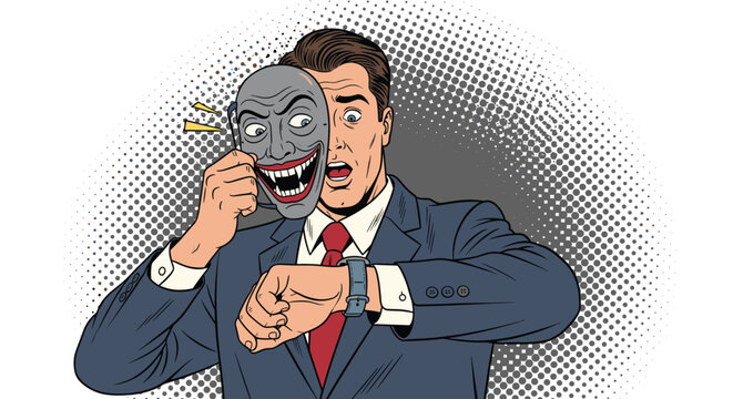 Worried businessman in a suit looking at his wristwatch while taking off or putting on a scary monster mask.