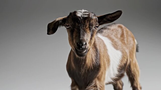 Cute Young Goatling Stands on Gray Background, Farm Animal Portrait