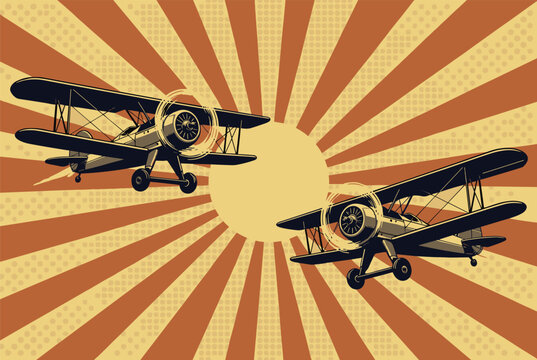 Pair of classic vintage biplanes fly in formation against a retro style sunburst background representing the golden era of early aviation history.