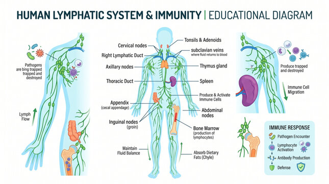 Human lymphatic system anatomy isolated on white background, immunity concept, vector illustration