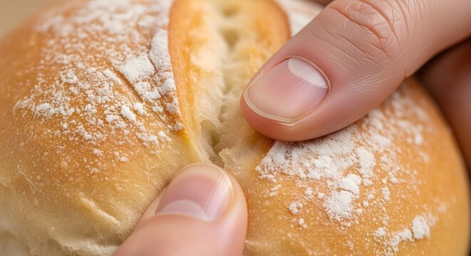 Close up of hands breaking a fresh crusty bread roll with flour