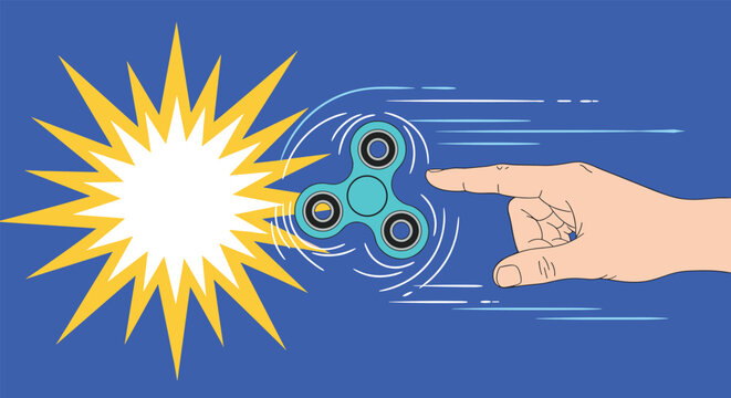 Human hand flicks a bright blue fidget spinner to make it spin rapidly against a dark blue background with a white starburst.