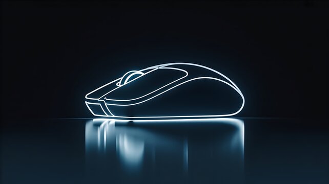 Futuristic wireless computer mouse with neon outline on dark background