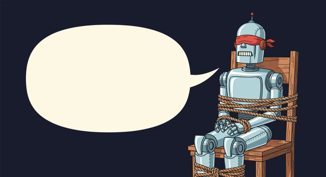 Sad robot is tied to a wooden chair with ropes and blindfolded next to a large empty speech bubble for your text.
