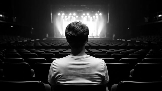Person seated with back to viewer in a dim theater, empty rows, distant stage lights glow brightly!!