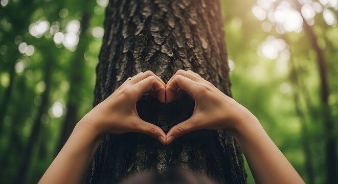 World environment day hands forming heart around tree trunk conservation concept
