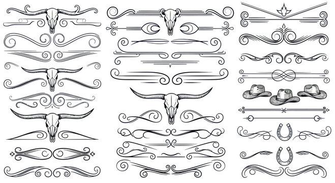 Western Decorative Elements: Bull Skulls, Hats, Horseshoes, Ornate Borders