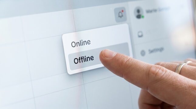 Hand clicking online, offline button, internet settings, digital options, connectivity choices