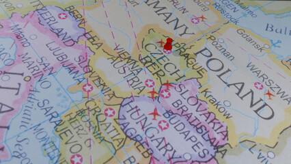 Naklejka premium Red pin on Prague, Czech Republic on a world map, travel destination marker, European tour, navigation, points of interest
