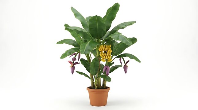 Potted banana plant with fruit and flowers