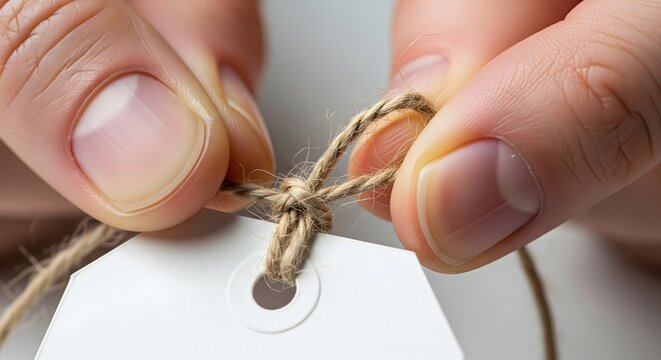 Close up of hands tying a rustic twine string to a blank white tag