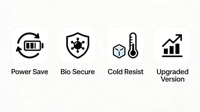 Rounded circular battery, virus shield, ice thermometer and rising chart icon, energy-saving, antibacterial protection and iterative upgrade, display of home appliances and medical equipment.
