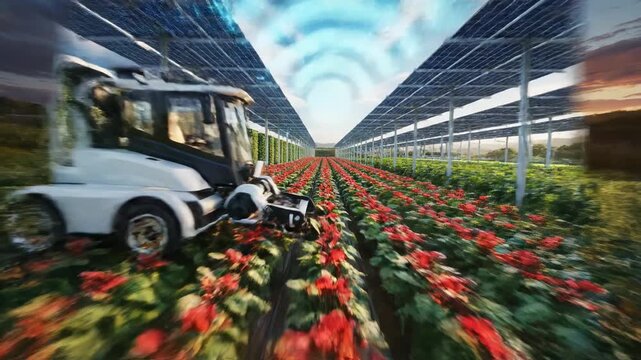 Autonomous agricultural robots and drones communicate via wi-fi signals, implementing smart farming technology in a lush green vineyard