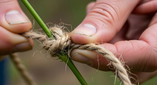 Close up of hands tying rustic twine around a green plant stem in garden
