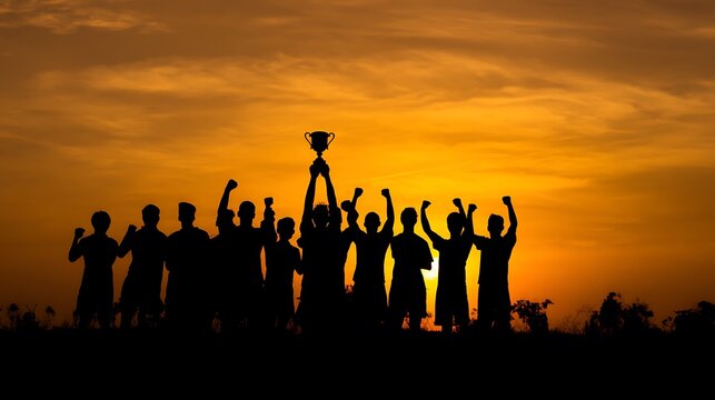 Silhouette of a winning sports team celebrating with a trophy at sunset
