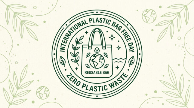 International plastic bag free day badge icon promoting zero plastic waste and reusable bags on a green background