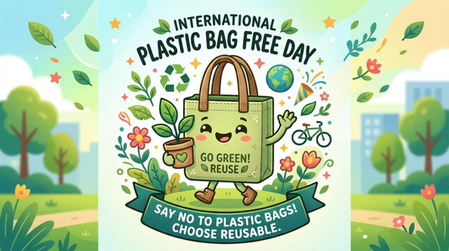 Cute cartoon reusable bag mascot promotes eco friendly living on international plastic bag free day