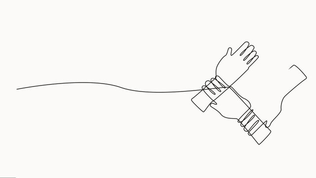 Animated self drawing of one continuous line draw group of  business people unite hands together, Teamwork unite symbol concept animation video, Full length one line animation