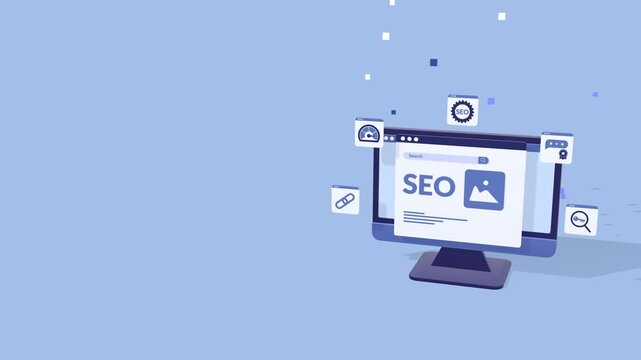 Concept animation with copy space for text showing SEO, website optimization, analytics, and digital strategy to improve search ranking, traffic growth, and online visibility.