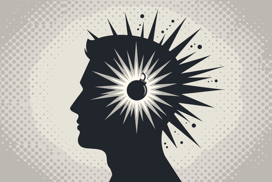 Conceptual silhouette of a human head profile with a lit bomb exploding inside against a dot patterned background.