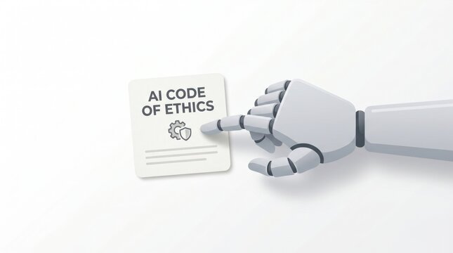 Robot hand holding AI code of ethics document, artificial intelligence, technology concept, innovation and robotics