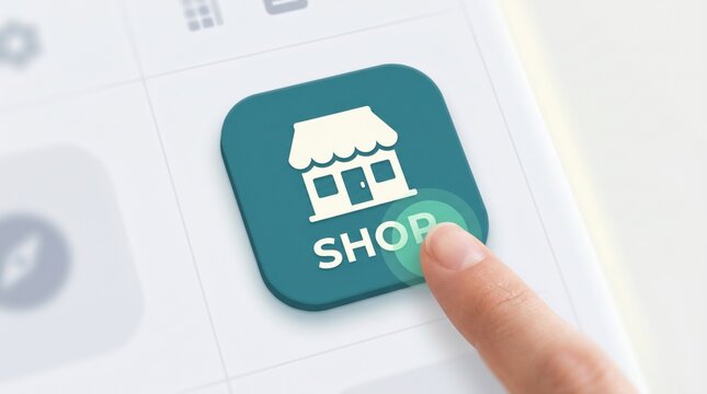 E-commerce shopping button, online store icon, digital commerce symbol, shopping app