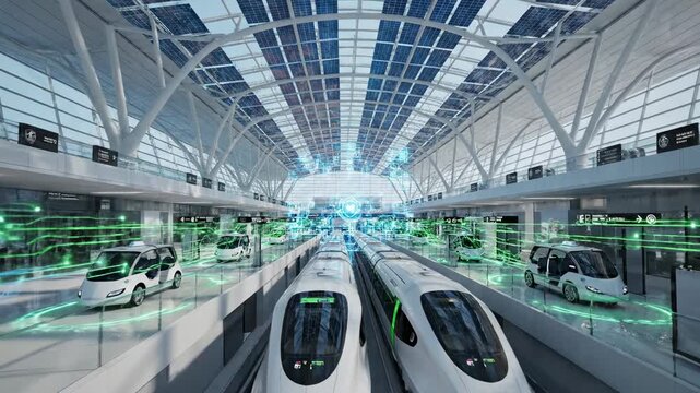 futuristic smart train station with autonomous vehicles and digital network connections, solar panels on roof, sustainable transport hub