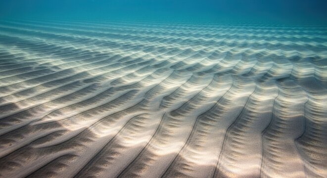 Underwater Sand Dunes with Rippling Waves in Clear Blue Ocean