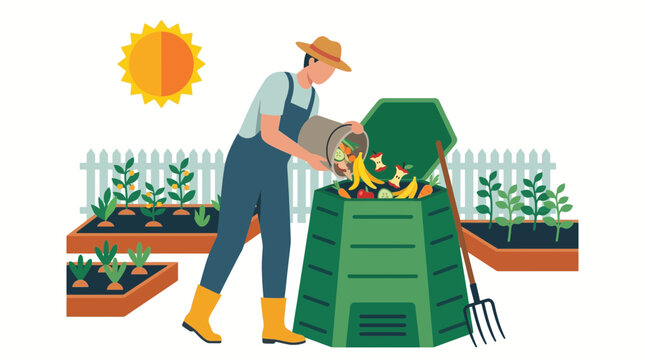 Person composting food waste in garden bin