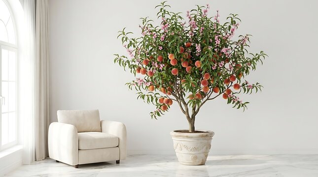 Interior scene with a large peach tree in a decorative pot and armchair