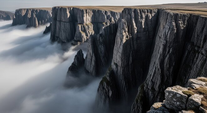 Majestic Steep Cliffs Emerging from Ethereal Fog