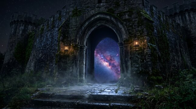 Mysterious ancient castle gate opens to a vibrant galaxy at night with fog and stars Ai Generated.
