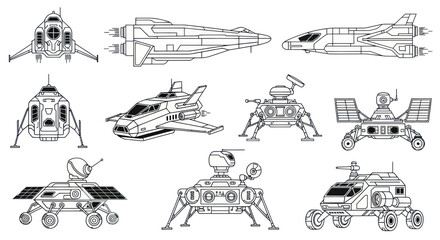 Obraz premium Sci-Fi Spaceship and Rover Collection: Futuristic Vehicle Line Art