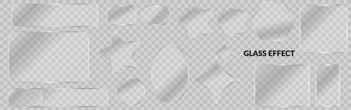 Realistic transparent glass plates set with gloss and reflections. Clear acrylic glassmorphism banners and geometric frames isolated on a transparent background.