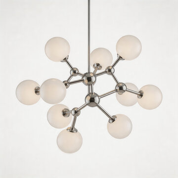 This polished nickel molecular chandelier features frosted glass globe shades, arranged in a stylized atomic structure for modern indoor overhead lighting.