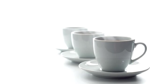Three elegant white coffee cups and saucers lined up on a clean white background, studio shot.