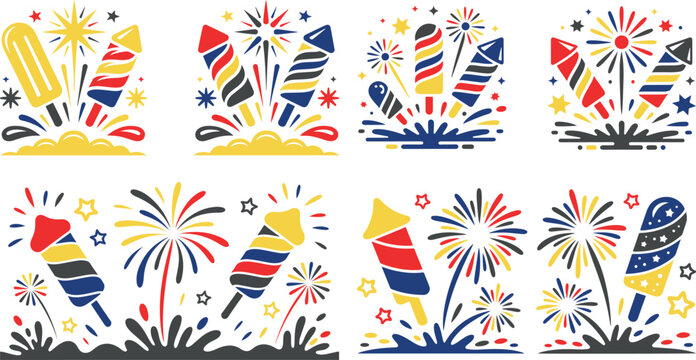 colorful firework explosion illustrations with rockets and stars and smoke on white background