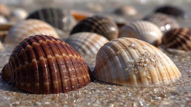 Seashells scatter on sandy beach with various shells in background closely viewed.