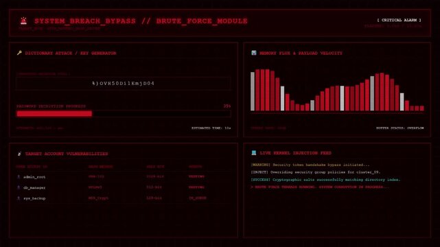 System Breach Bypass Brute Force Module Dashboard Displaying Password Decryption Progress Metrics Memory Flux Chart And Live Kernel Injection Feed Red HUD Screen.