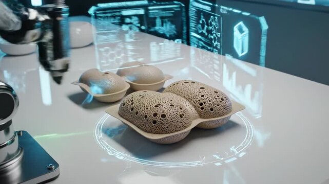 Automated robotic arm sorting and packaging eggs in a futuristic laboratory with digital displays showing data and product information