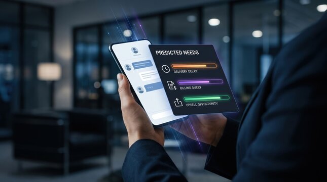 AI Customer Support Concept: Professional Hands Holding Smartphone with Split-Screen Chat and Proactive Analytics Dashboard