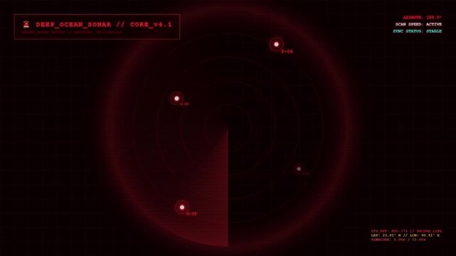 Deep Ocean Sonar Core Interface Screen Showing Submarine Active Targets Detection Mapping Radar and Fleet Navigation Grid Red HUD Software.