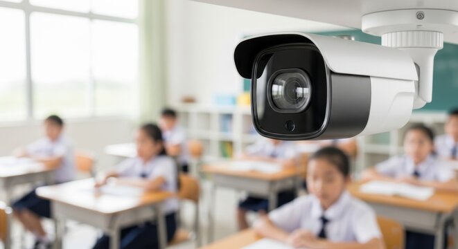 Security Camera Monitors Students During Lesson in a Modern Classroom Environment